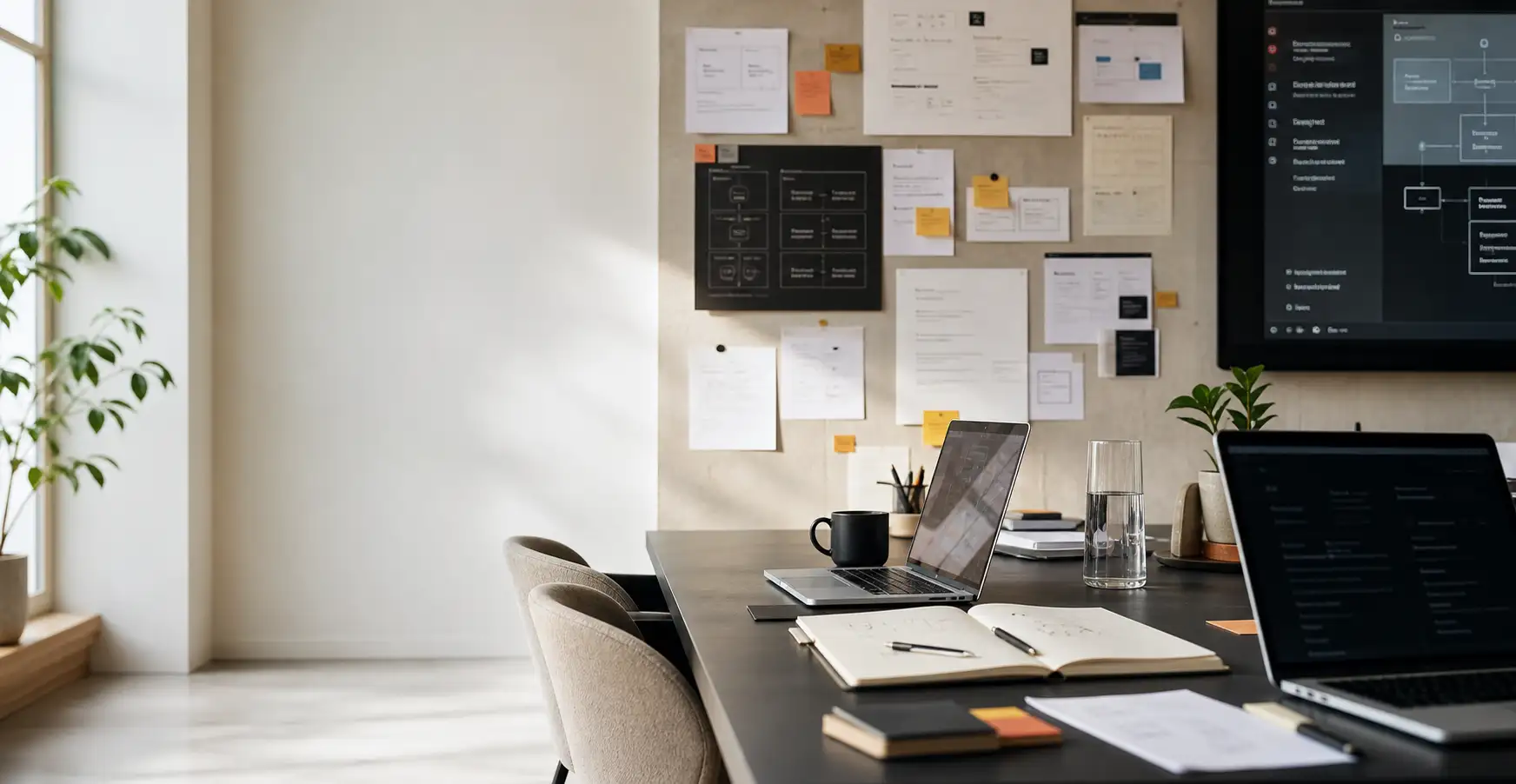 Strategic software planning setup with screens, notes, architecture views, and workflow planning elements.