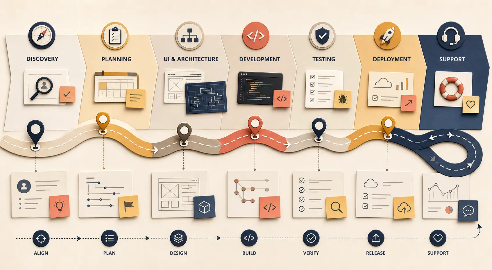 Software delivery process artwork showing discovery, planning, development, testing, launch, and support stages.