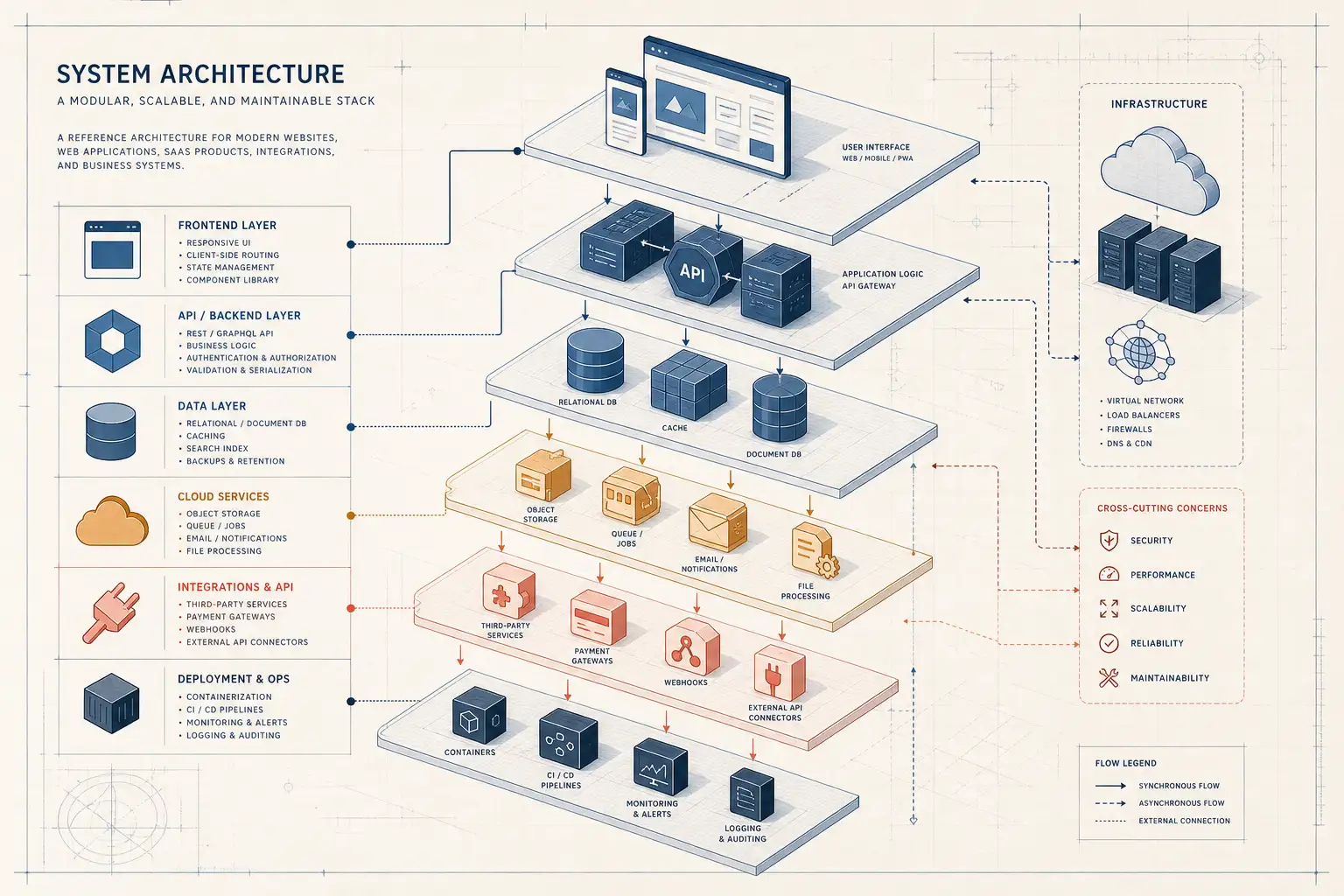 Technology stack artwork showing backend, frontend, database, API, and cloud layers in a premium interface.